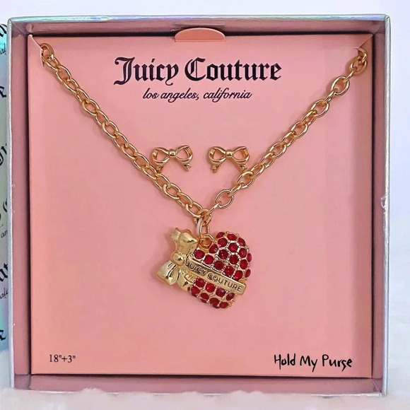 Juicy Couture Gold-Tone Ruby Red Rhinestone Heart Charm Necklace & Bow Earrings - Picture 4 of 9